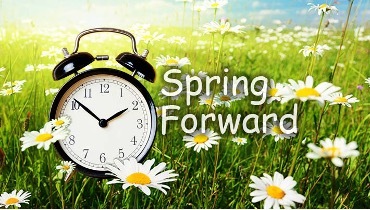 A clock in a field of flowers with text that reads: Spring Forward.