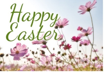 Various pink flowers with text that reads: Happy Easter.
