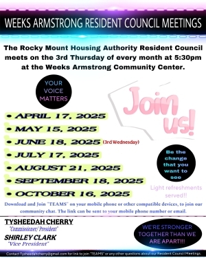 Weeks Armstrong Resident Council Meetings. All information on this flyer is listed above.