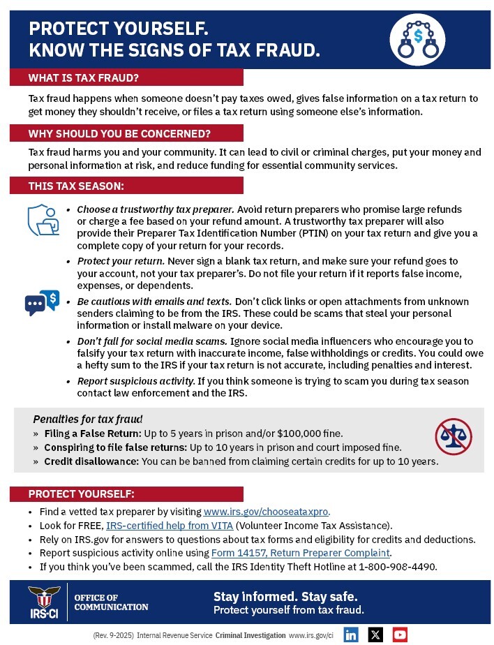 Tax Fraud Flyer. All information from this flyer is listed below.