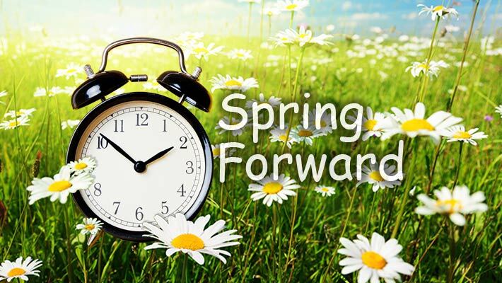 Spring Forward. An alarm clock sits in a field of daises.