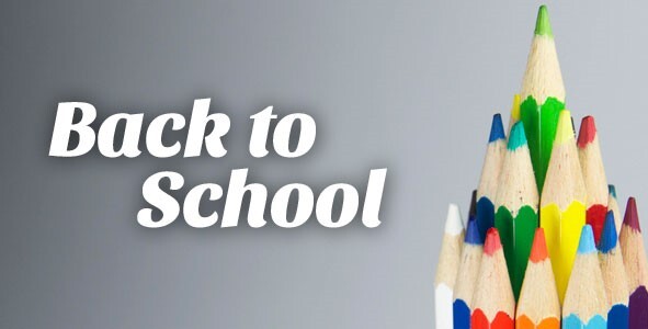 Back to School. A tree of colored pencils sits in the background.