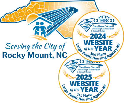 Map showing the location of Rocky Mount in North Carolina as well as 2024 and 2025 Website of the Year awards